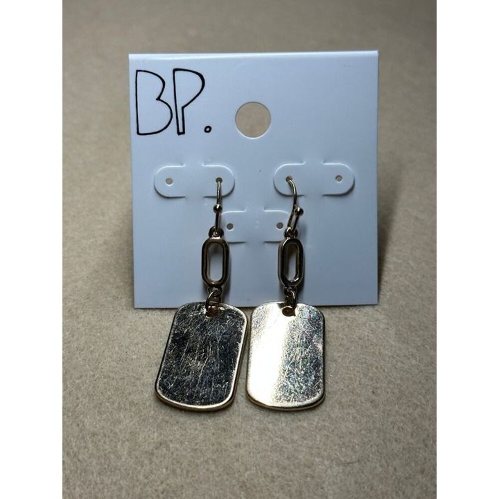 BP. Gold Tone Dog Tag Pendant Dangle Earrings Oval Link Chain NWT New Boho Gift